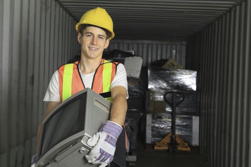 Segregated recycling bins for paper, plastics and glass at an office clearance site